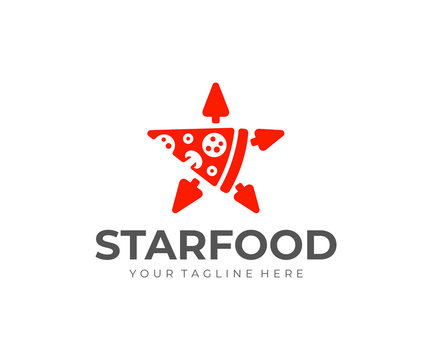 Star shaped pizza slice logo design. Pizza delivery vector design. Pizza slice with arrows logotype