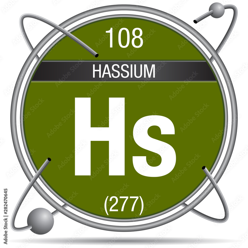Sticker Hassium symbol inside a metal ring with colored background and spheres orbiting around. Element number 108 of the Periodic Table of the Elements - Chemistry - Stickers