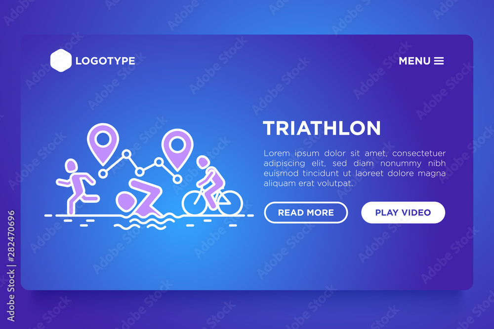 Poster triathlon web page template with thin line icons: runner, swimmer, cyclist and route with pointers. 