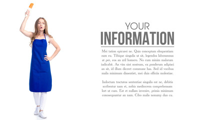 Woman in blue apron with kitchen spatula in hand on white background isolation