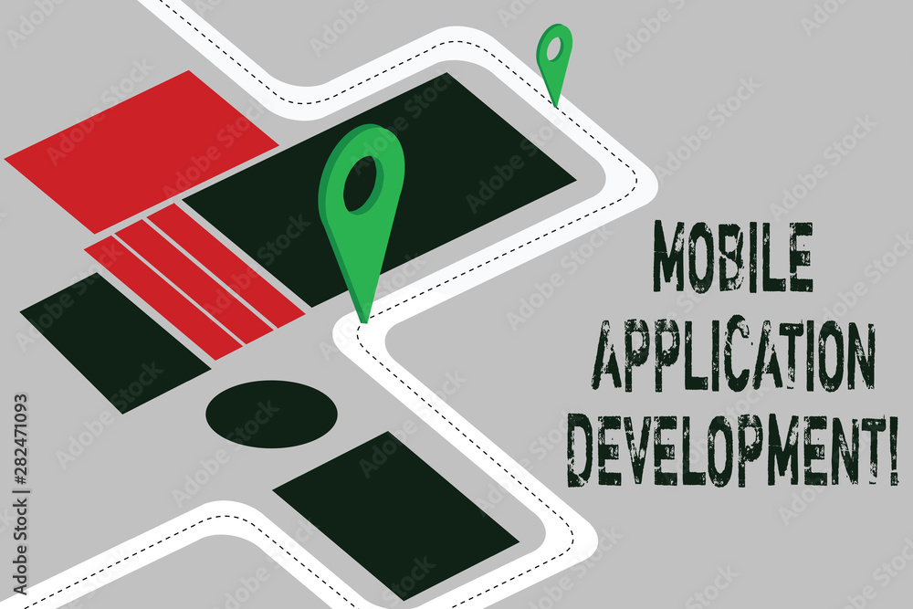Poster word writing text mobile application development. business concept for writing software for digital 