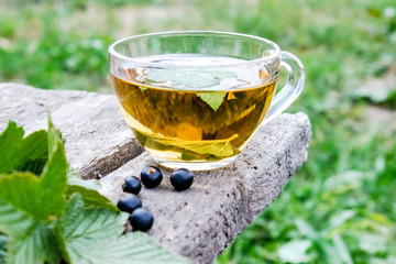 A cup of tea with black currant leaves. Tea with currants on a wooden table in the open air.