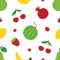 Fototapeta na wymiar Seamless pattern background with vector cartoon style colorful fruits and berries.