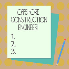 Text sign showing Offshore Construction Engineer. Conceptual photo Oversee the facility in a marine environment Stack of Blank Different Pastel Color Construction Bond Paper and Pencil