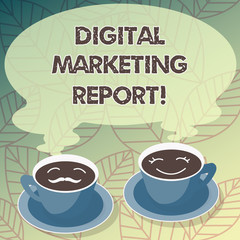 Conceptual hand writing showing Digital Marketing Report. Business photo text Set of data showing the perforanalysisce of a business Cup Saucer for His and Hers Coffee Face icon with Steam