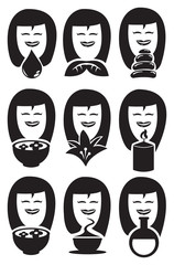 Cute Lady Faces with Spa Symbols Vector Icon Set