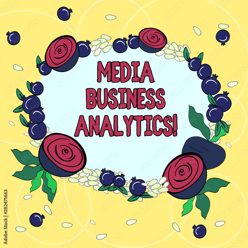 Poster handwriting text media business analytics. concept meaning collecting and evaluating data from socia