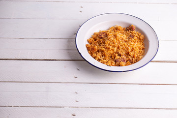 Las migas is a typical Spanish dish made with crumbs, onions and chorizo