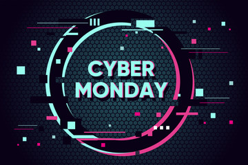 Cyber monday background with glitch effect. Promo sale horizontal banner design. Abstract vector illustration with geometric shape.