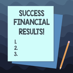 Handwriting text writing Success Financial Results. Concept meaning amount of profit a company makes during a period Stack of Blank Different Pastel Color Construction Bond Paper and Pencil