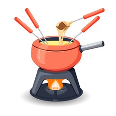 Fondue pot with assorted delicious traditional swiss cheese with burner and long handled forks with bread for dipping on white background. Vector