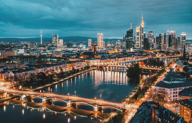 Fototapeta na wymiar High resolution aerial panoramic view of Frankfurt, Germany after sunset.