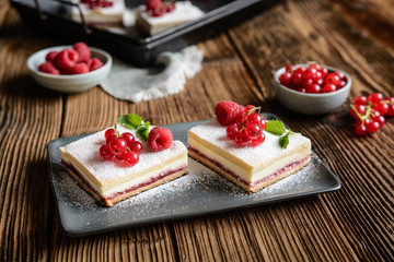 Linzer curd bars with red currant and raspberry jam filling