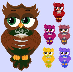 Cute beautiful flirtatious red owl on a branch with a cup of steaming coffee, tea or chocolate