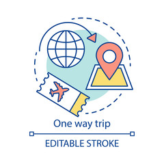 One way trip concept icon. Trip, vacation, tourism idea thin line illustration. Single ticket. Departure, destination point. Flight ticket booking. Vector isolated outline drawing. Editable stroke