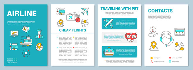 Airline services brochure template layout. Traveling with pets. Flyer, booklet, leaflet print design with linear illustrations. Vector page layouts for magazines, annual reports, advertising posters