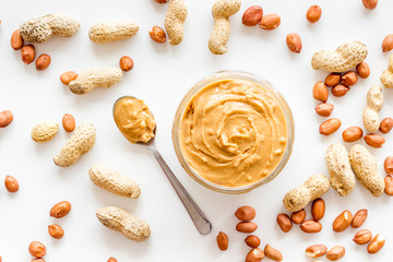 peanut butter for cooking breakfast at home on white background top view pattern