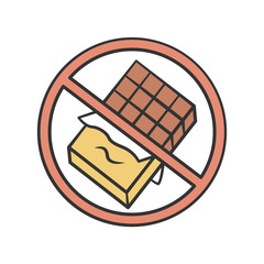 Chocolate free product color icon. No sugar, sweetener and glucose sign. Zero calories, diabetic diet, healthy eating. Sweets, junk food refuse. No chocolate bar isolated vector illustration