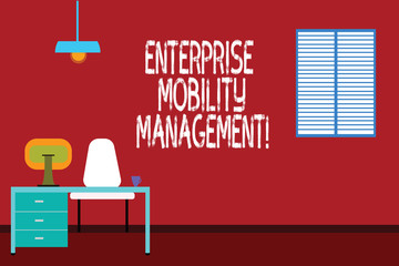 Text sign showing Enterprise Mobility Management. Conceptual photo Approach use in analysisaging smartphones Work Space Minimalist Interior Computer and Study Area Inside a Room photo