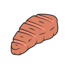 Meat steak color icon. Butcher shop product. Restaurant, cafe, grill bar, steakhouse menu. Farming meat. Grilled, barbecue food. Meat cookery. Isolated vector illustration