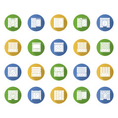 Window treatments and curtains flat design long shadow glyph icons set. Roman shades, blinds, valance, panel, shutters. Room darkening. Interior design, home decor shop. Vector silhouette illustration