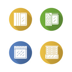 Window treatments flat design long shadow glyph icons set. Panel tracks, liner, valance. House and office decoration. Kitchen, living room curtain. Home interior design. Vector silhouette illustration