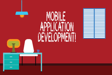 Text sign showing Mobile Application Development. Conceptual photo Writing software for digital devices Work Space Minimalist Interior Computer and Study Area Inside a Room photo