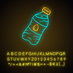 Fototapeta premium Mineral water neon light icon. Clean potable drinking water. Plastic bottle with label. Non-alcoholic refreshment drink. Glowing sign with alphabet, numbers and symbols. Vector isolated illustration