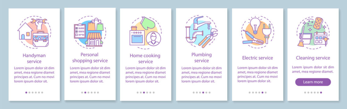 Home services onboarding mobile app page screen with linear concepts. Handyman, cleaning services. Six walkthrough steps graphic instructions. UX, UI, GUI vector template with illustrations