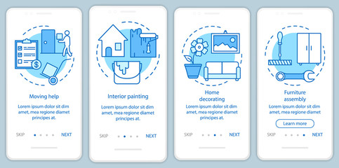 Home services onboarding mobile app page screen with linear concepts. Interior painting. Four walkthrough steps graphic instructions. Home decorating. UX, UI, GUI vector template with illustrations