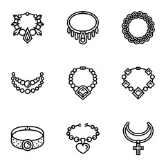 Gemstone jewelry icon set. Outline set of 9 gemstone jewelry vector icons for web design isolated on white background