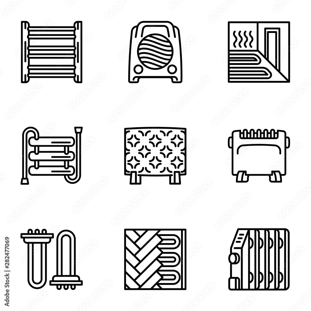 Poster heater fan icon set. outline set of 9 heater fan vector icons for web design isolated on white backg
