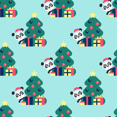 Vector seamless background. Cute panda looks out from behind a tree with balls. Funny character with presents. Happy new year.