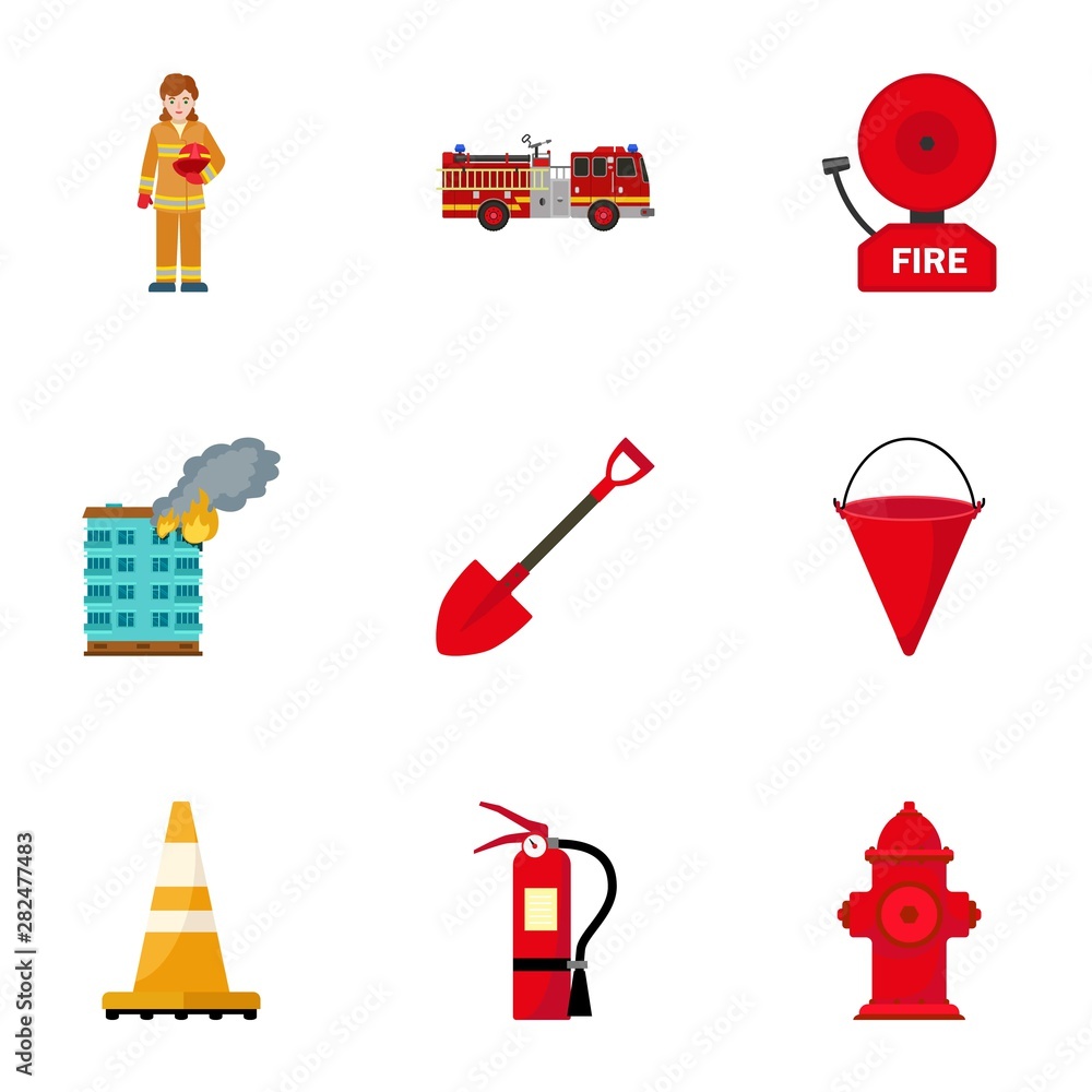 Poster firefighter equipment icon set. flat set of 9 firefighter equipment vector icons for web design isol