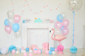 Pink flamingo. Flamingo party. Decorations for holiday party. A lot of balloons. 