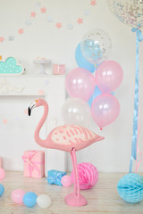 Pink flamingo. Flamingo party. Decorations for holiday party. A lot of balloons. 