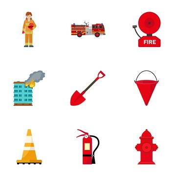 Firefighter equipment icon set. Flat set of 9 firefighter equipment vector icons for web design isolated on white background