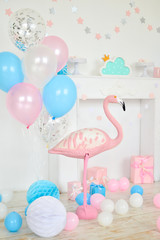 Pink flamingo. Flamingo party. Decorations for holiday party. A lot of balloons. 