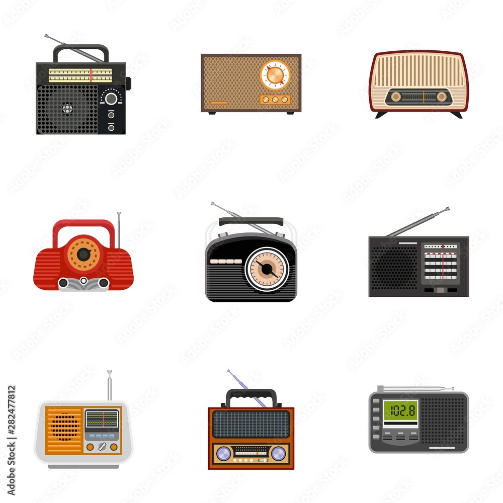 Poster portable radio icon set. flat set of 9 portable radio vector icons for web design isolated on white 