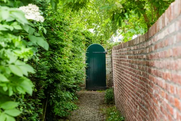 Wall murals Narrow Alley narrow access path to a wooden garden gate