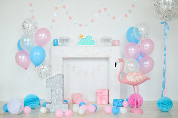 Pink flamingo. Flamingo party. Decorations for holiday party. A lot of balloons. 