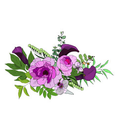 A bouquet of flowers and leaves for the design of cards for weddings and celebrations. Flowers of peonies, callas, orchids and their leaves, leaves of exotic plants on a white background.
