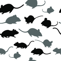 Set of mouse in different poses. Gray and black mice on a white background. Seamless texture. Vector graphics.