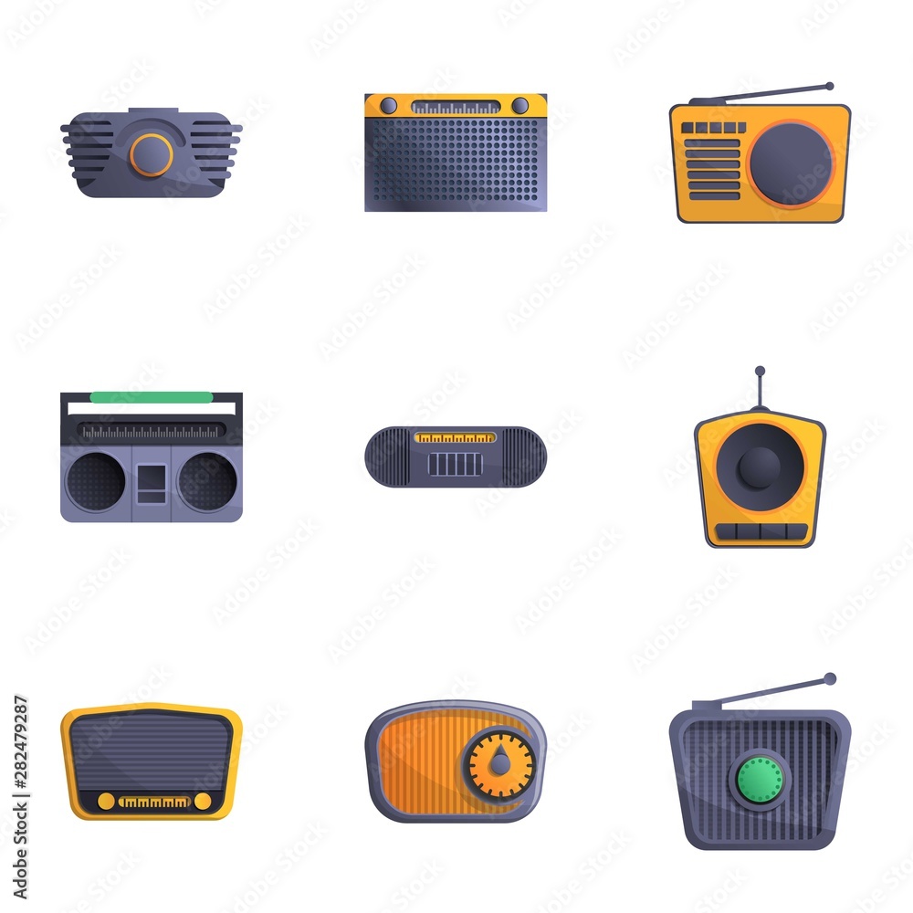 Poster portable radio icon set. cartoon set of 9 portable radio vector icons for web design isolated on whi