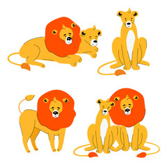 Cute lion and lioness - flat design style set of characters