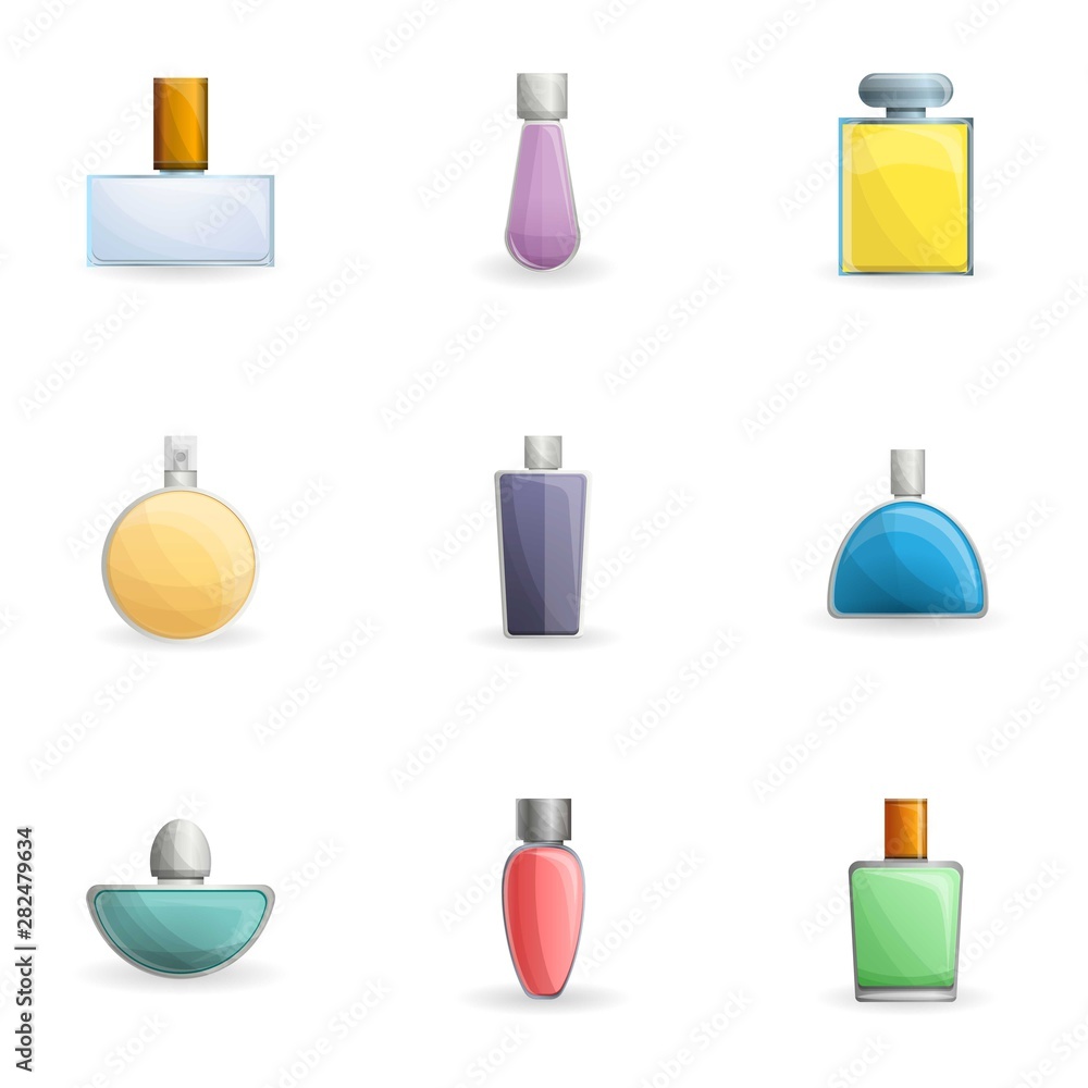 Poster cologne bottle icon set. cartoon set of 9 cologne bottle vector icons for web design isolated on whi