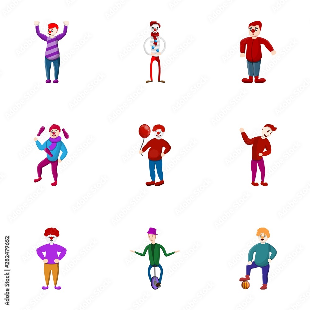 Poster circus clown icon set. cartoon set of 9 circus clown vector icons for web design isolated on white b