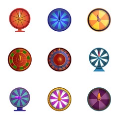 Spin lucky wheel icon set. Cartoon set of 9 spin lucky wheel vector icons for web design isolated on white background