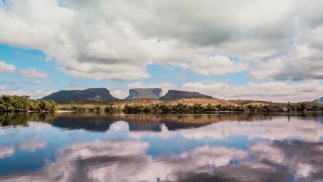 Time-lapse of Canaima National Park tepuis: Kurun, Kusary and Kurawaik.  Venezuela