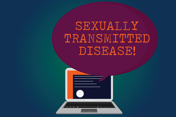 Handwriting text Sexually Transmitted Disease. Concept meaning Diseases spread by sexual intercourse Certificate Layout on Laptop Screen and Blank Halftone Color Speech Bubble